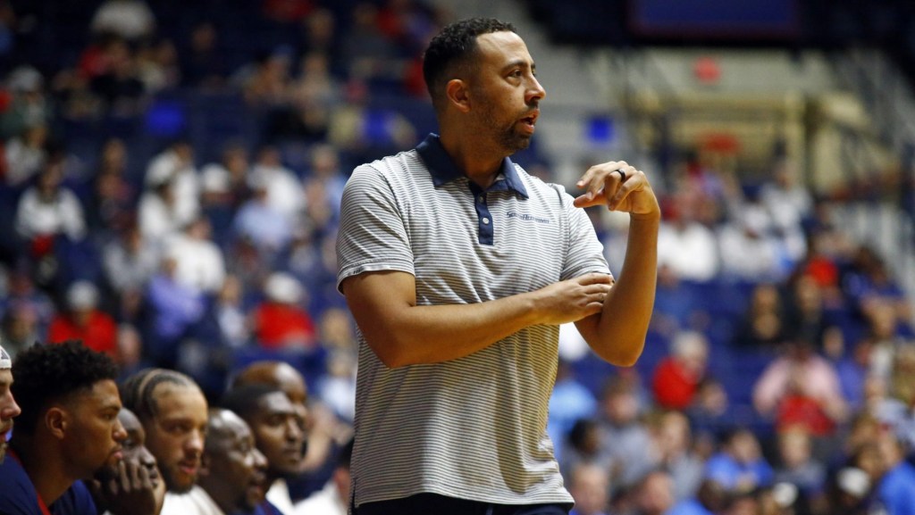 Nov 12, 2024; Oxford, Mississippi, USA; South Alabama Jaguars head coach Richie Riley watches during the first half against the Mississippi Rebels at C.M. 'Tad' Smith Coliseum.