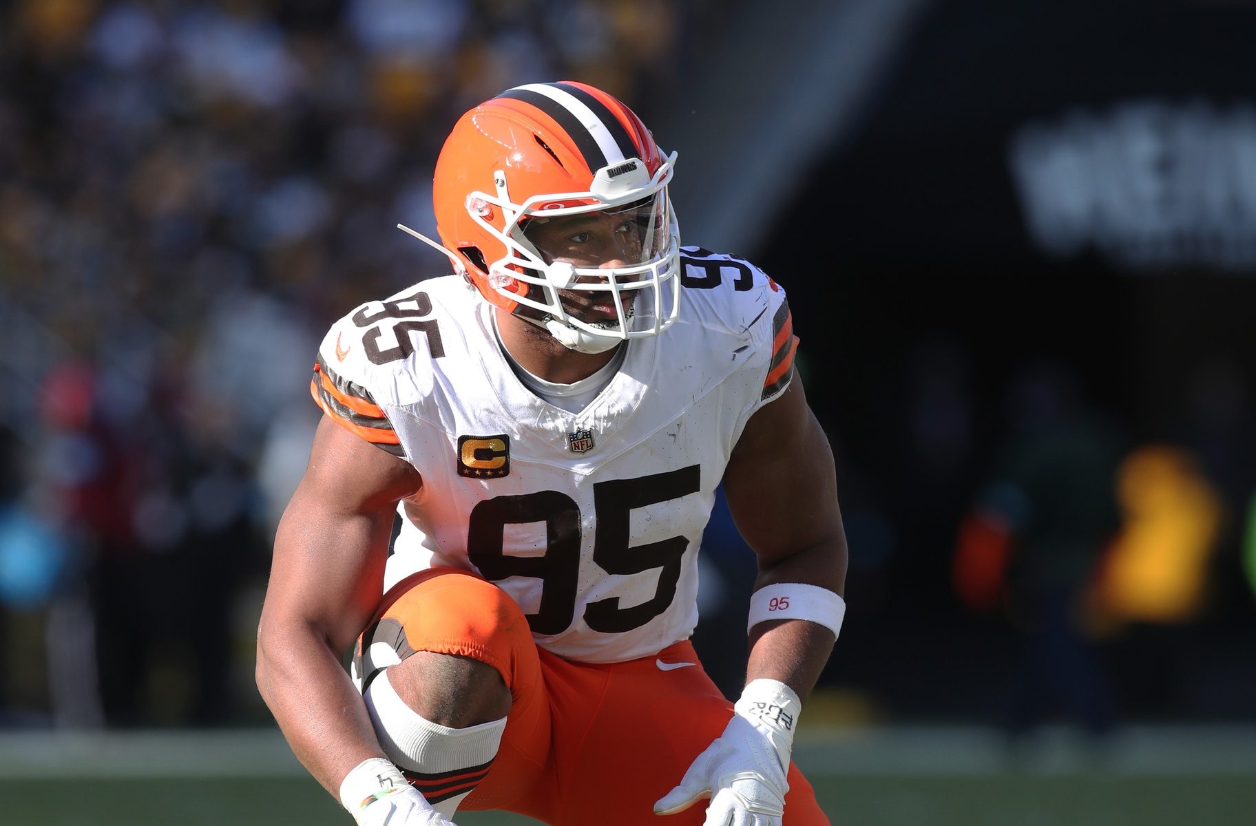 Dec 8, 2024; Pittsburgh, Pennsylvania, USA; Cleveland Browns defensive end Myles Garrett (95) at the line of scrimmage against the Pittsburgh Steelers during the second quarter at Acrisure Stadium.