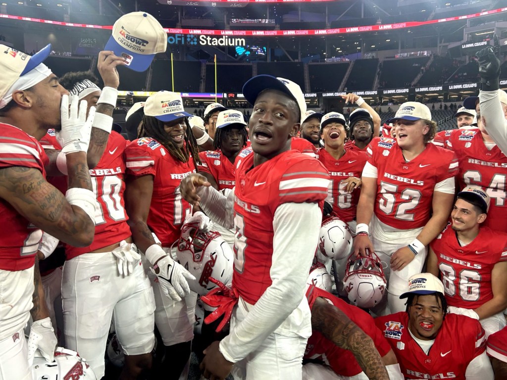 Dec 18, 2024; Inglewood, CA, USA; The UNLV Rebels celebrate after defeating the California Golden Bears in the LA Bowl at SoFi Stadium.