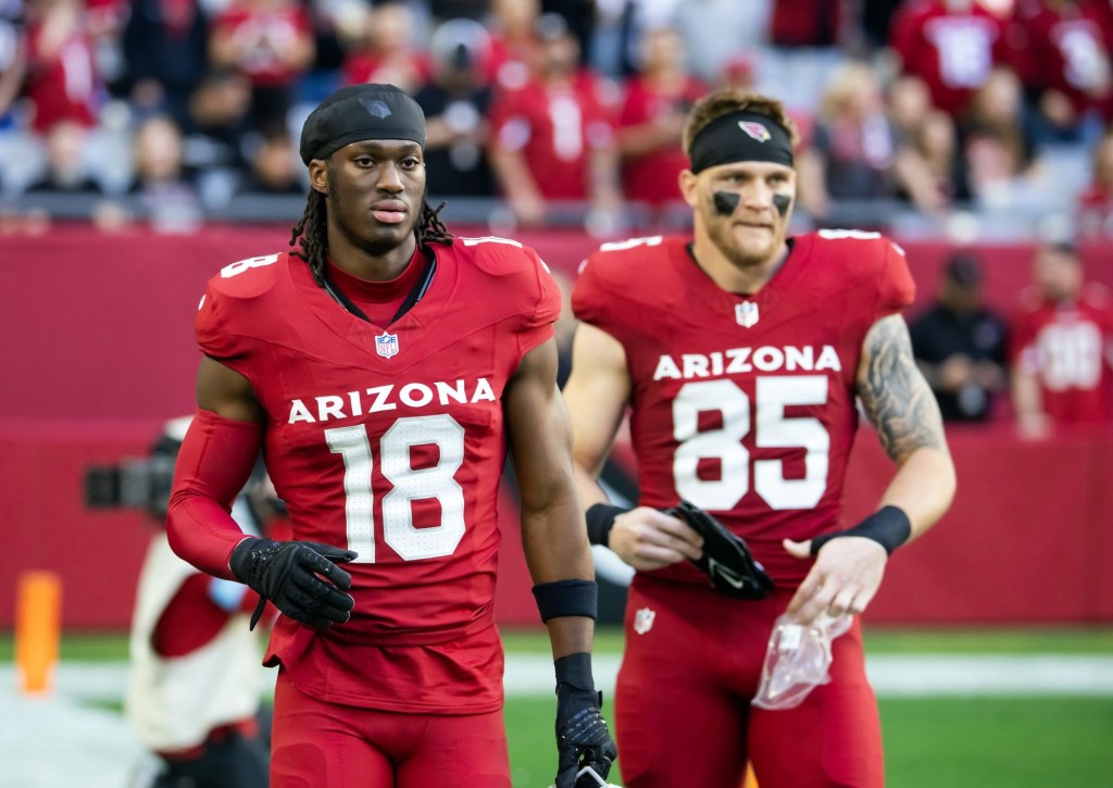 Jan 5, 2025; Glendale, Arizona, USA; Arizona Cardinals wide receiver Marvin Harrison Jr. (18) and tight end Trey McBride (85) against the San Francisco 49ers at State Farm Stadium.