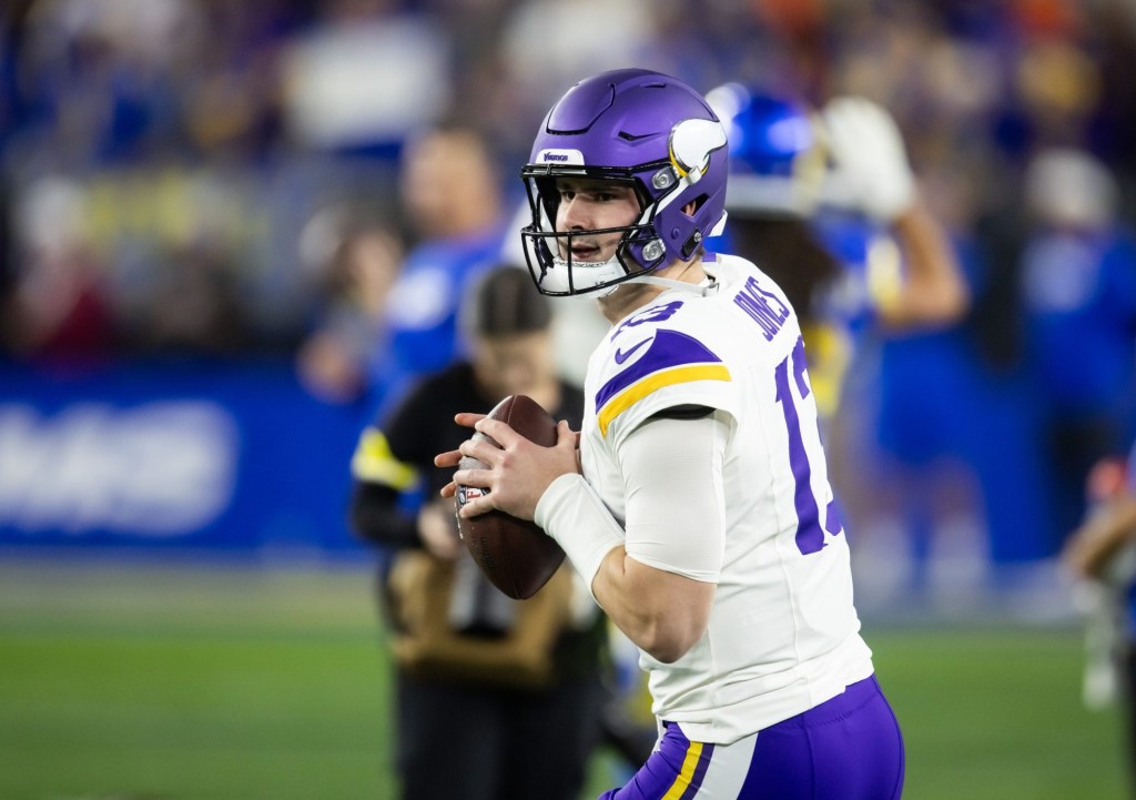 Jan 13, 2025; Glendale, AZ, USA; Minnesota Vikings quarterback Daniel Jones (13) against the Los Angeles Rams during an NFC wild card game at State Farm Stadium.