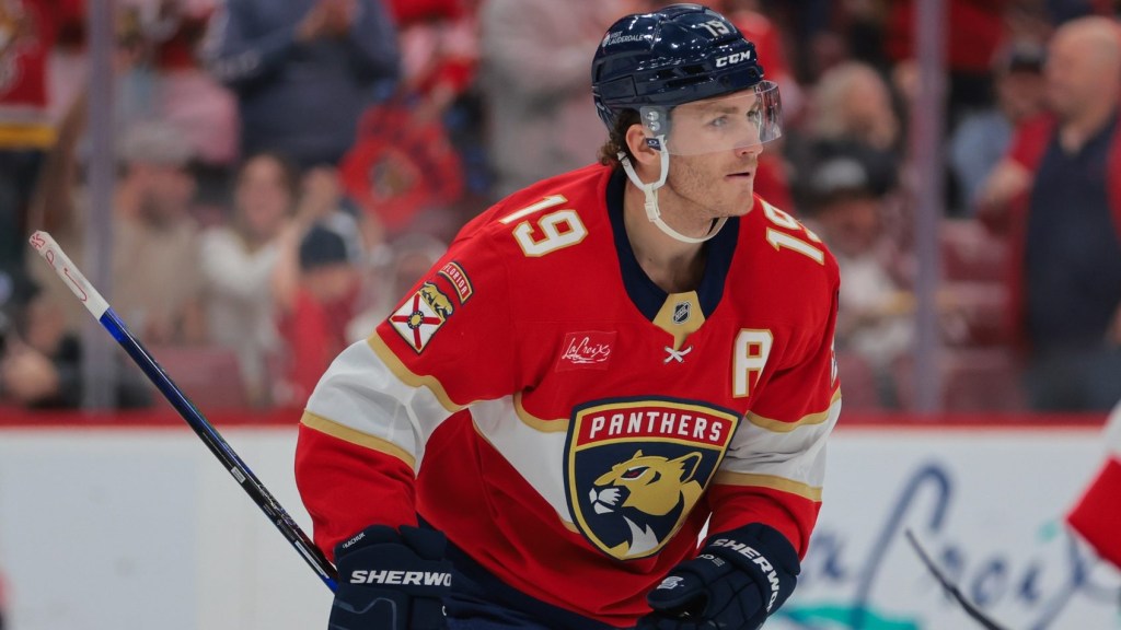 Feb 8, 2025; Sunrise, Florida, USA; Florida Panthers left wing Matthew Tkachuk (19) looks on after scoring against the Ottawa Senators during the second period at Amerant Bank Arena.