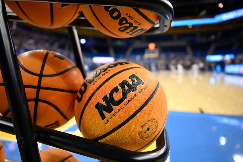 Feb 5, 2025; Los Angeles, California, USA; A rack of basketballs with the NCAA logo before that start of the UCLA Bruins - Ohio State Buckeyes game at Pauley Pavilion presented by Wescom.