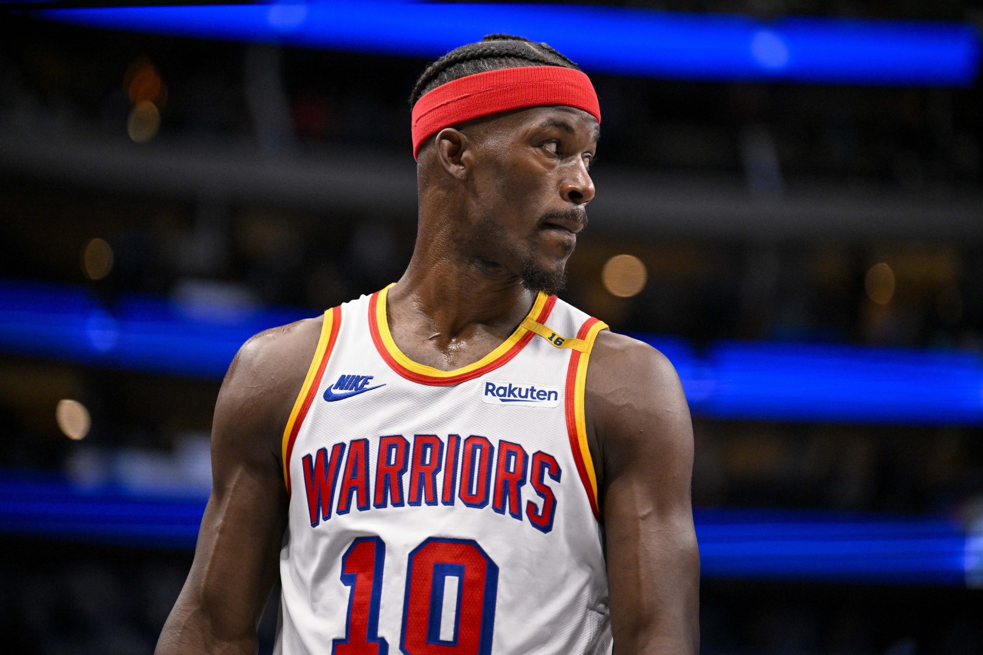 Feb 12, 2025; Dallas, Texas, USA; Golden State Warriors forward Jimmy Butler (10) in action during the game between the Dallas Mavericks and the Golden State Warriors at the American Airlines Center.