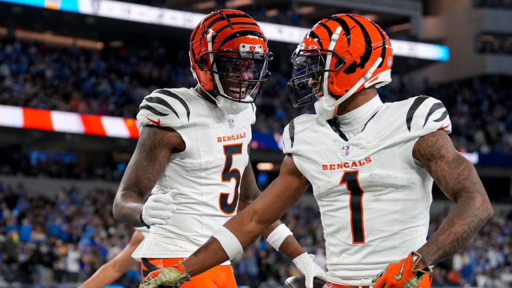 Cincinnati Bengals wide receivers Tee Higgins (5) and Ja'Marr Chase (1) celebrate a touchdown during a game on Nov. 17, 2024.