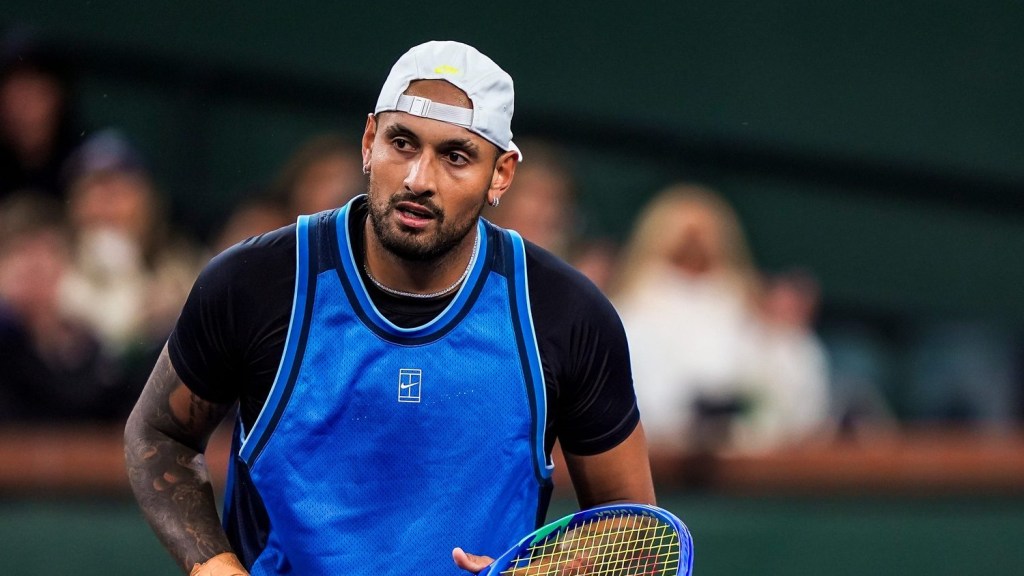 Nick Kyrgios reacts to a point against Botic van de Zandschulp in the first set of their first-round match at the BNP Paribas Open in Indian Wells, Calif., Thursday, March 6, 2025.