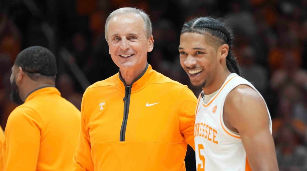 Tennessee head coach Rick Barnes and Tennessee's Zakai Zeigler (5) during Senior Day presentations after a men’s college basketball game between Tennessee and South Carolina at Thompson-Boling Arena at Food City Center, Saturday, March 8, 2025.