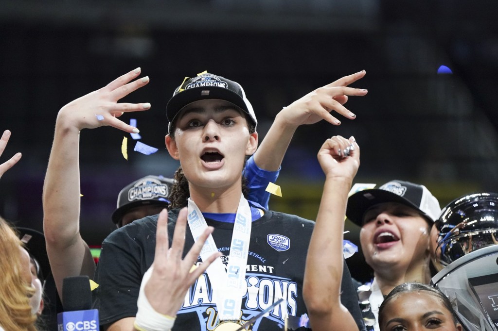 Mar 8, 2025; Indianapolis, IN, USA; UCLA Bruins center Lauren Betts (51) reacts with her team after winning the Big Ten Conference Championship against USC Trojans at Gainbridge Fieldhouse.