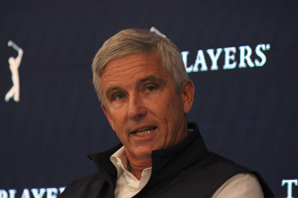 PGA Tour commissioner Jay Monahan speaks during a press conference at The Players Championship in Ponte Vedra Beach, Florida, on March 11, 2025.