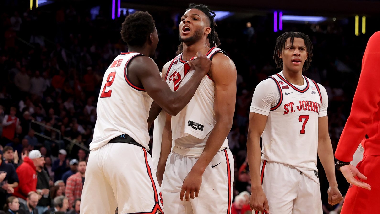 Mar 14, 2025; New York, NY, USA; St. John's Red Storm forward Zuby Ejiofor (24) celebrates with forward Sadiku Ibine Ayo (2) during the second half against the Marquette Golden Eagles at Madison Square Garden