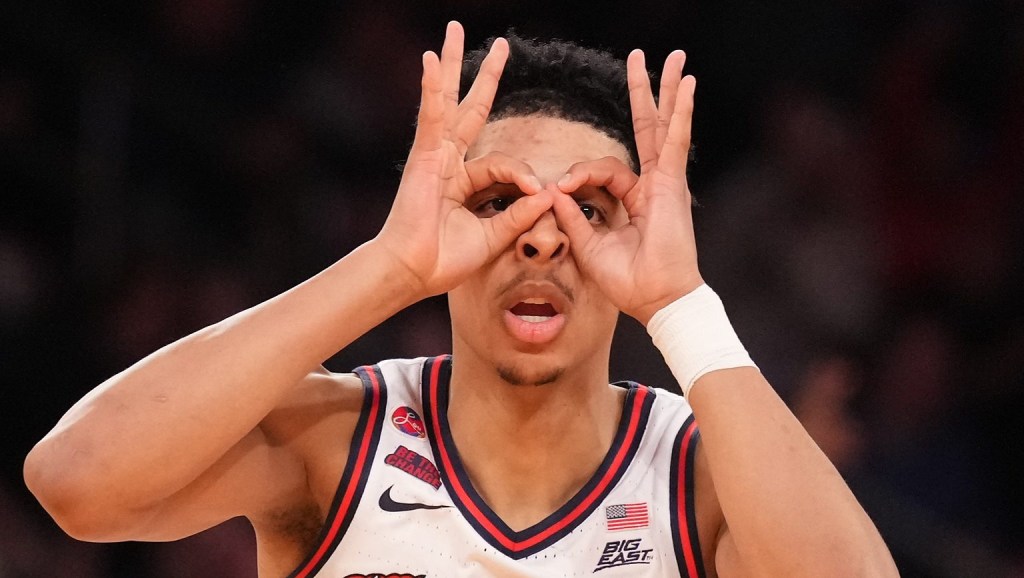 Mar 15, 2025; New York, NY, USA; St. John's Red Storm guard RJ Luis Jr. (12) after hitting a three-point basket against the Creighton Bluejays in the second half at Madison Square Garden.