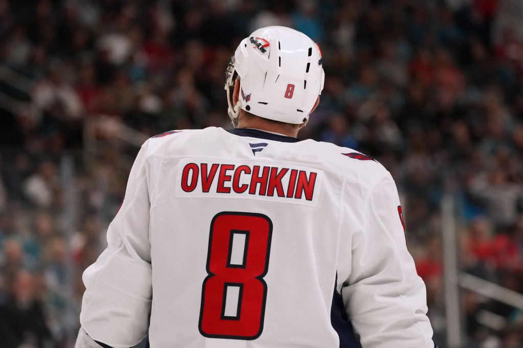 Mar 15, 2025; San Jose, California, USA; Washington Capitals left wing Alex Ovechkin (8) waits for play to resume in the second period against the San Jose Sharks at SAP Center at San Jose