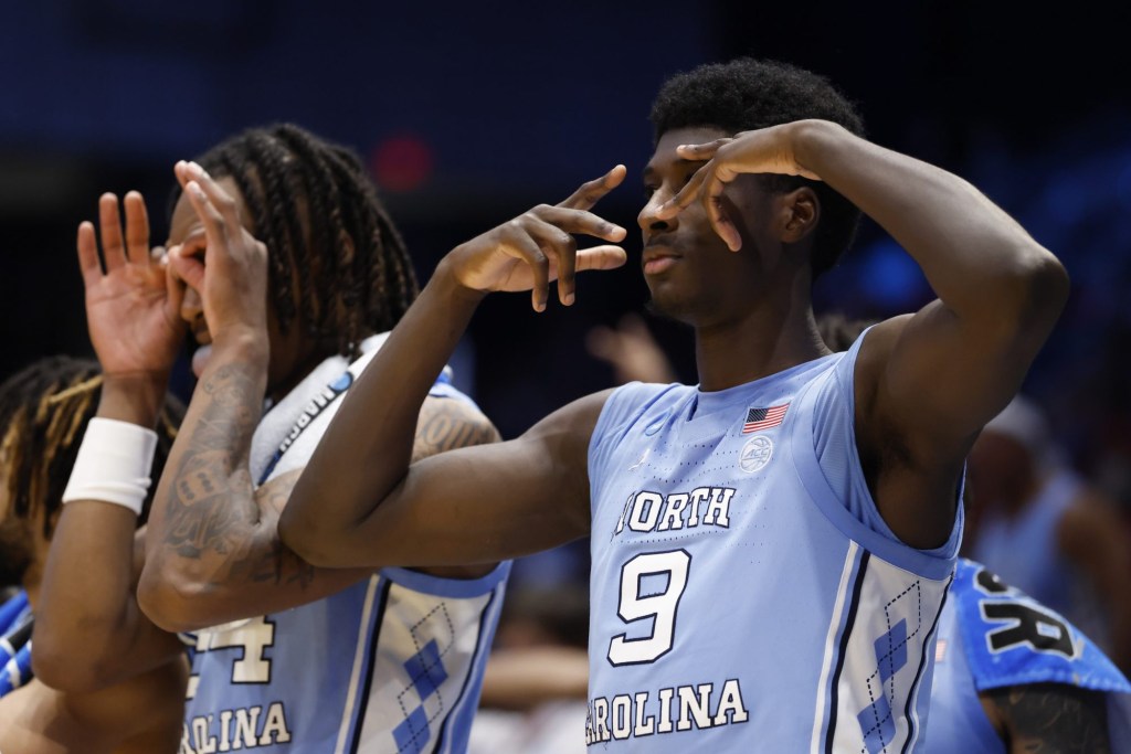 Mar 18, 2025; Dayton, OH, USA; North Carolina Tar Heels guard Drake Powell (9) reacts in the second half against the San Diego State Aztecs at UD Arena.