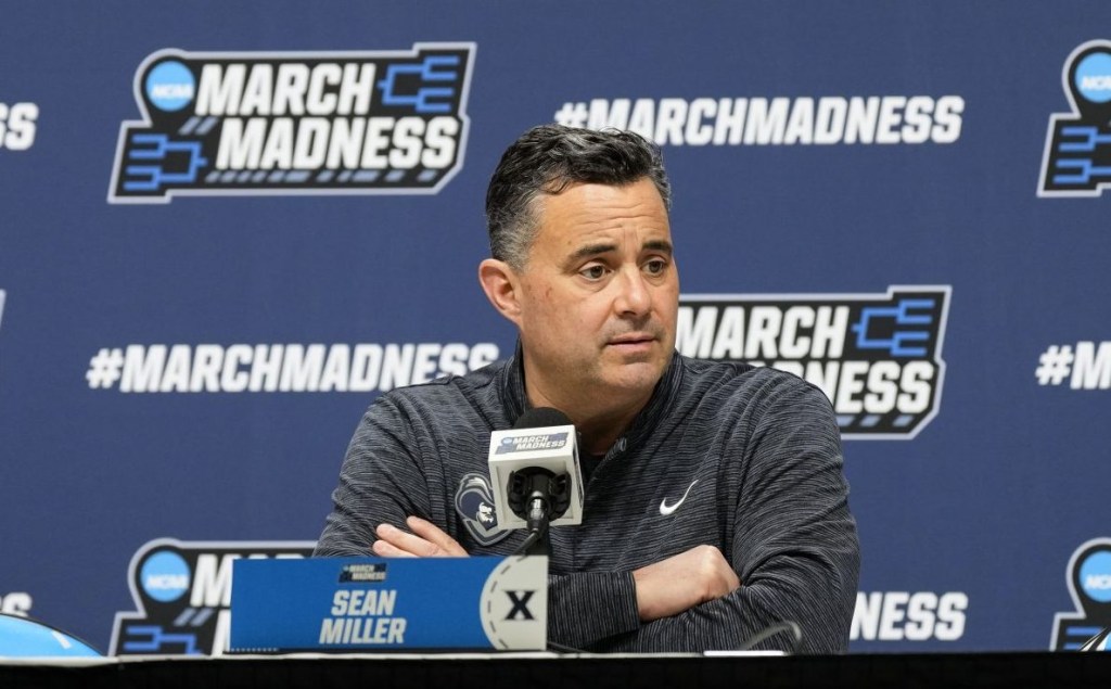 Mar 20, 2025; Milwaukee, WI, USA; Xavier Musketeers head coach Sean Miller speaks during an NCAA Tournament First Round Practice press conference at Fiserv Forum.