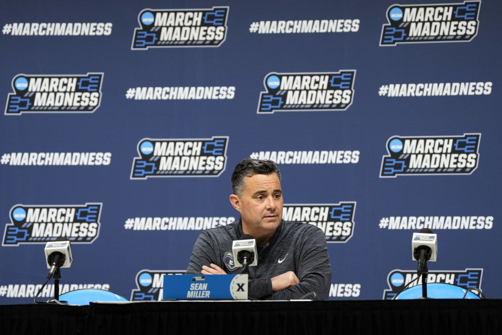 Mar 20, 2025; Milwaukee, WI, USA; Xavier Musketeers head coach Sean Miller speaks during an NCAA Tournament First Round Practice press conference at Fiserv Forum.