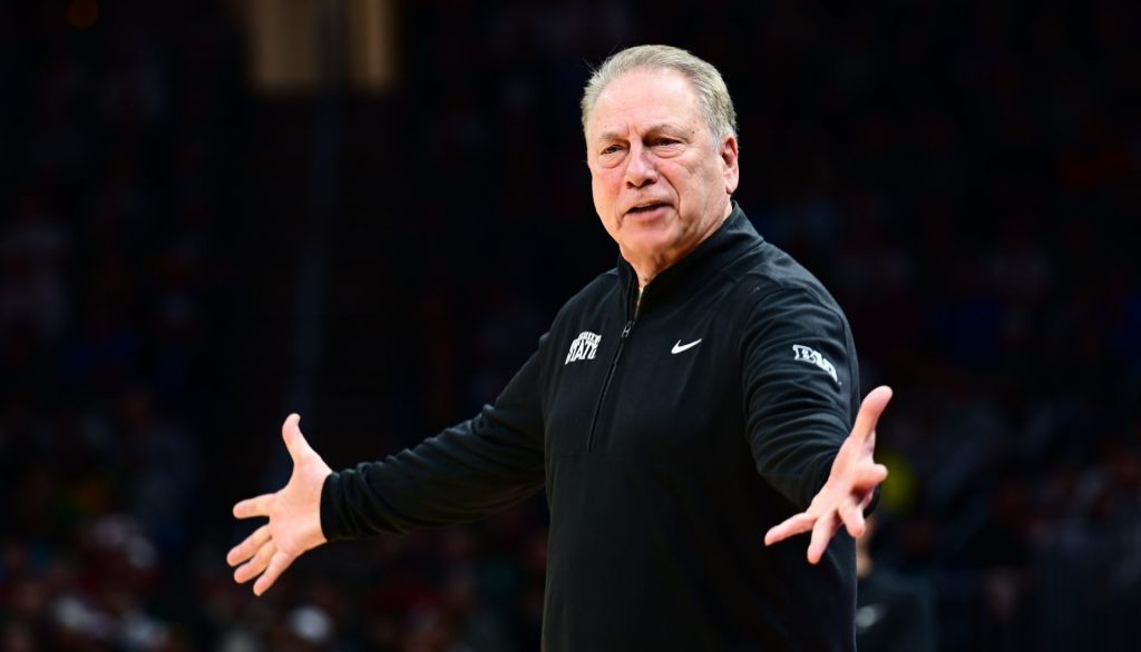 Mar 23, 2025; Cleveland, OH, USA; Michigan State Spartans head coach Tom Izzo reacts in the first half against the New Mexico Lobos during the NCAA Tournament Second Round at Rocket Arena.