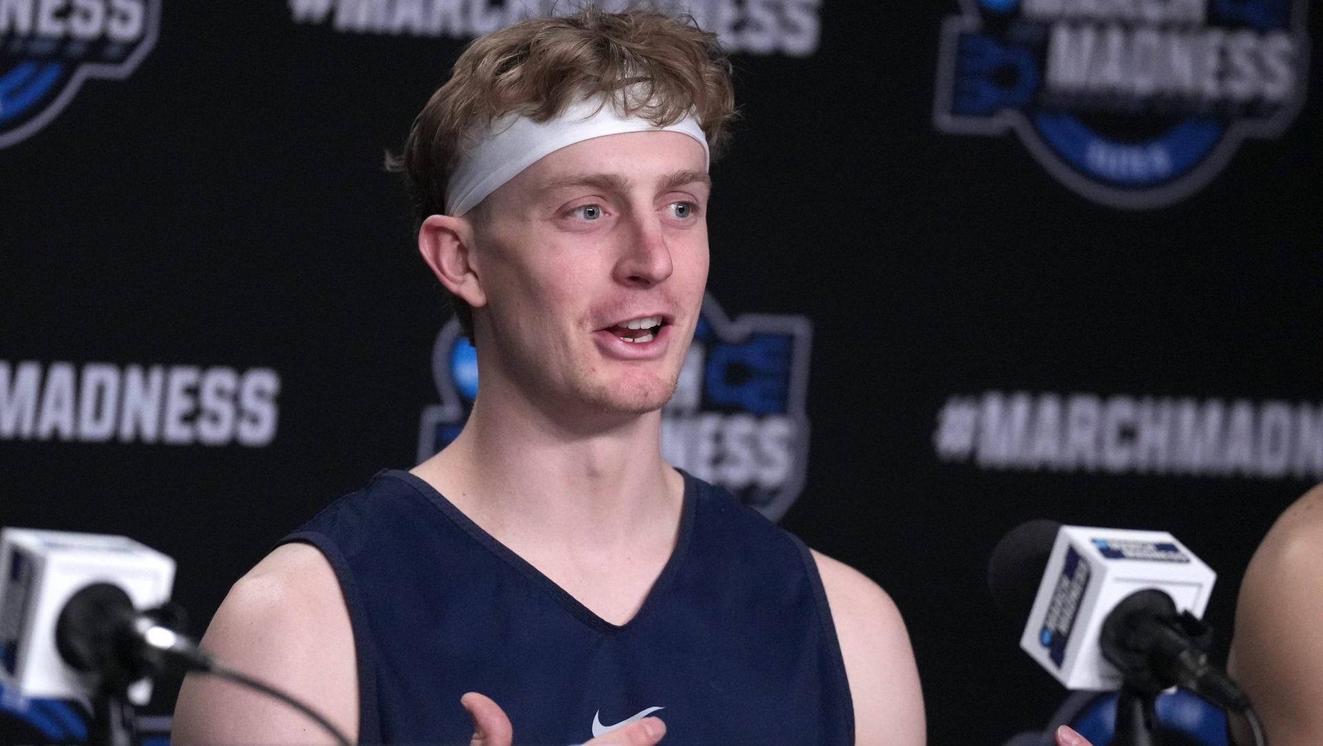 Mar 26, 2025; Newark, NJ, USA; Brigham Young Cougars forward Richie Saunders (15) talks to the media at the Prudential Center