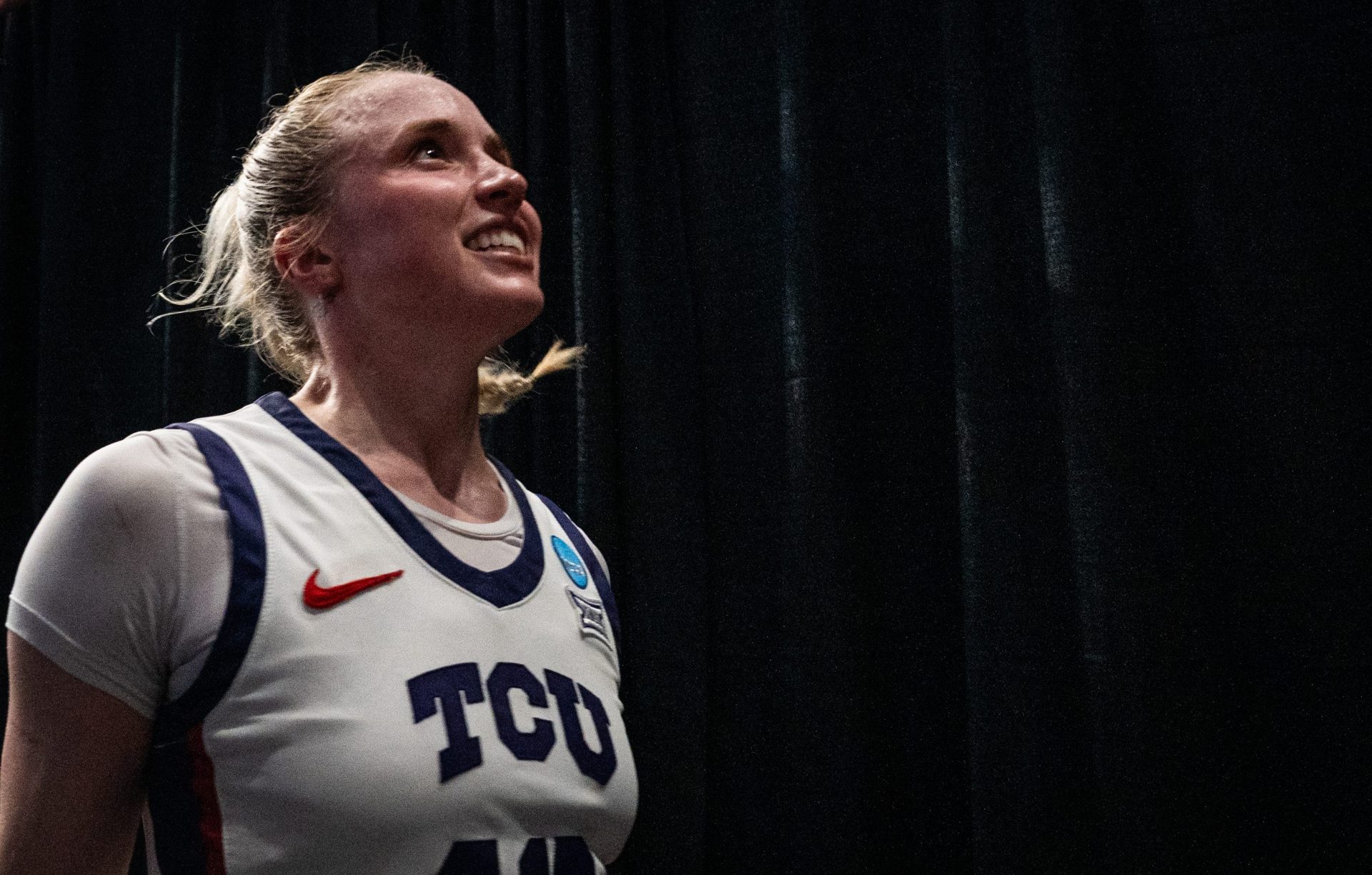 TCU Horned Frogs guard Hailey Van Lith (10) celebrates as she heads to the locker room after winning the NCAA Playoff Regional semi-final game against Notre Dame at Legacy Arena in Birmingham Alabama, March 29, 2025.