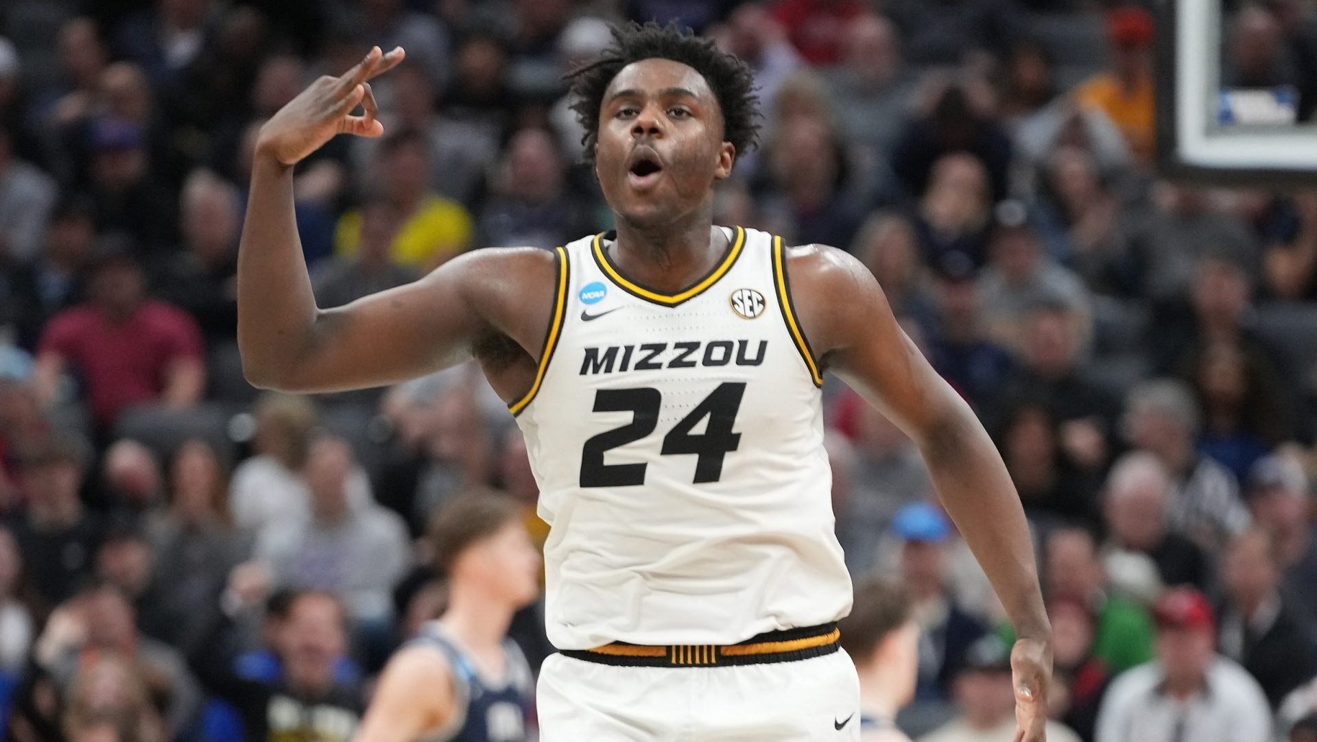 Mar 16, 2023; Sacramento, CA, USA; Missouri Tigers guard Kobe Brown (24) reacts after scoring a basket agianst the Utah State Aggies during the second half at Golden 1 Center.