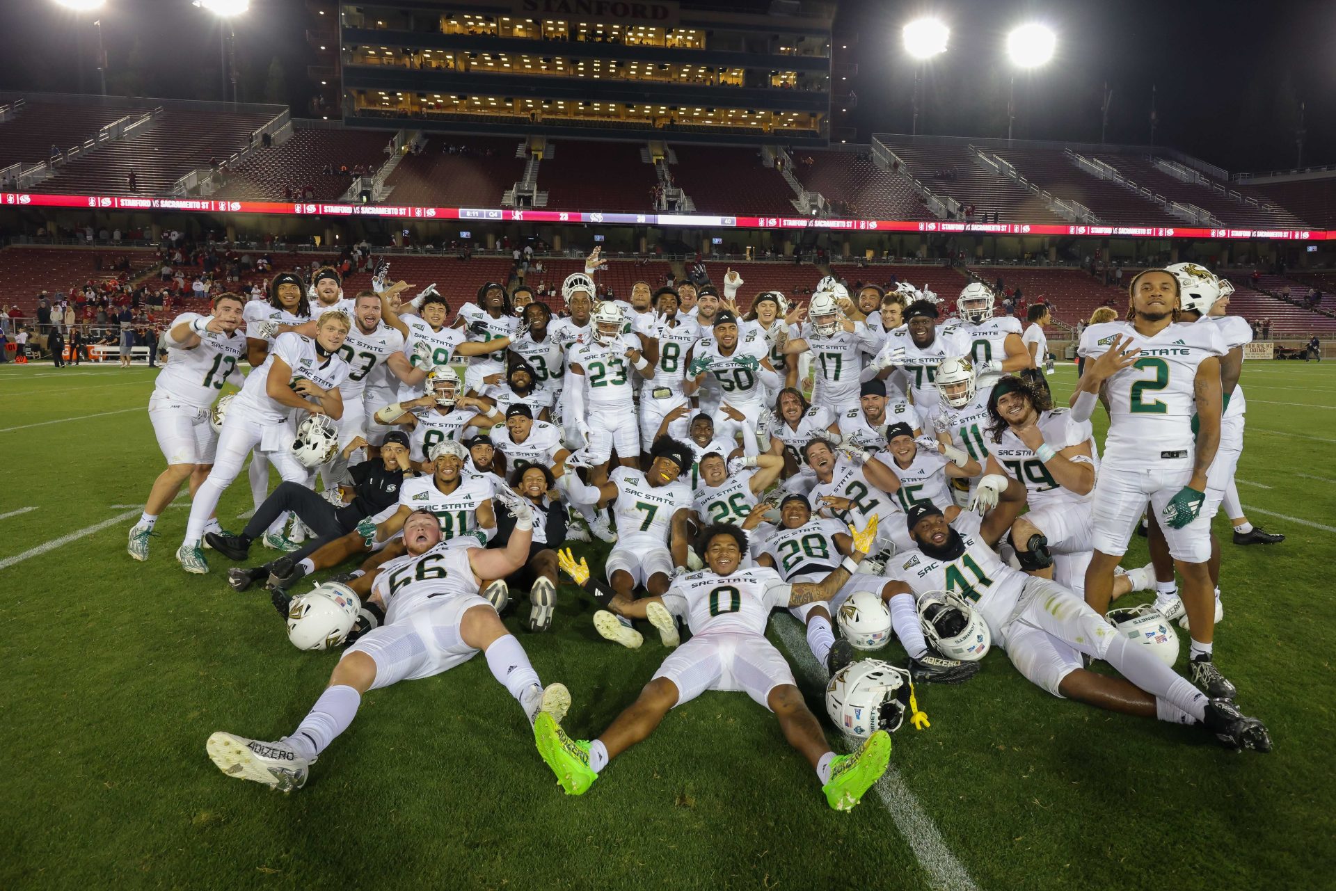 Sep 16, 2023; Stanford, California, USA; Sacramento State Hornets players pose for a photo after the game against the Stanford Cardinal at Stanford Stadium.