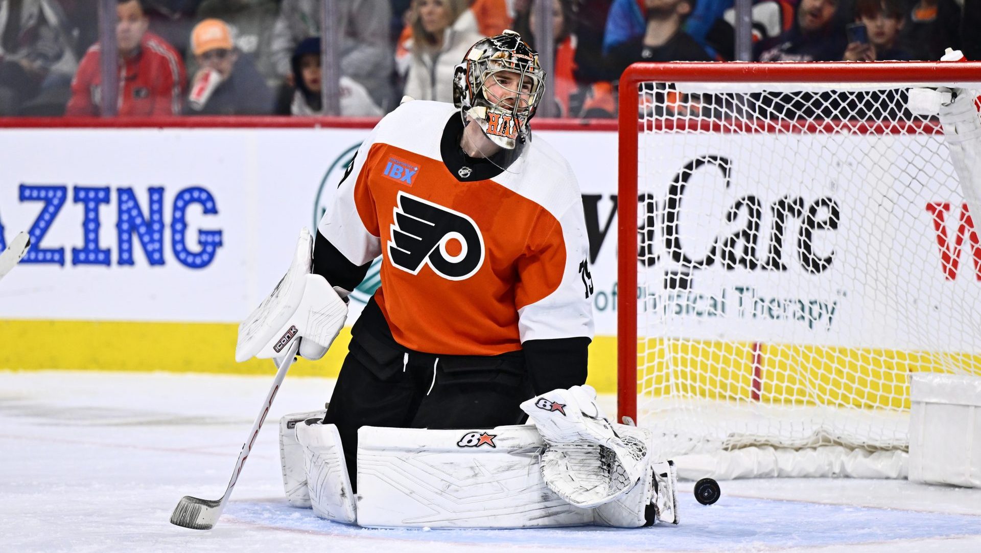 Jan 20, 2024; Philadelphia, Pennsylvania, USA; Philadelphia Flyers goalie Carter Hart (79) reacts after allowing a goal against the Colorado Avalanche in the first period at Wells Fargo Center