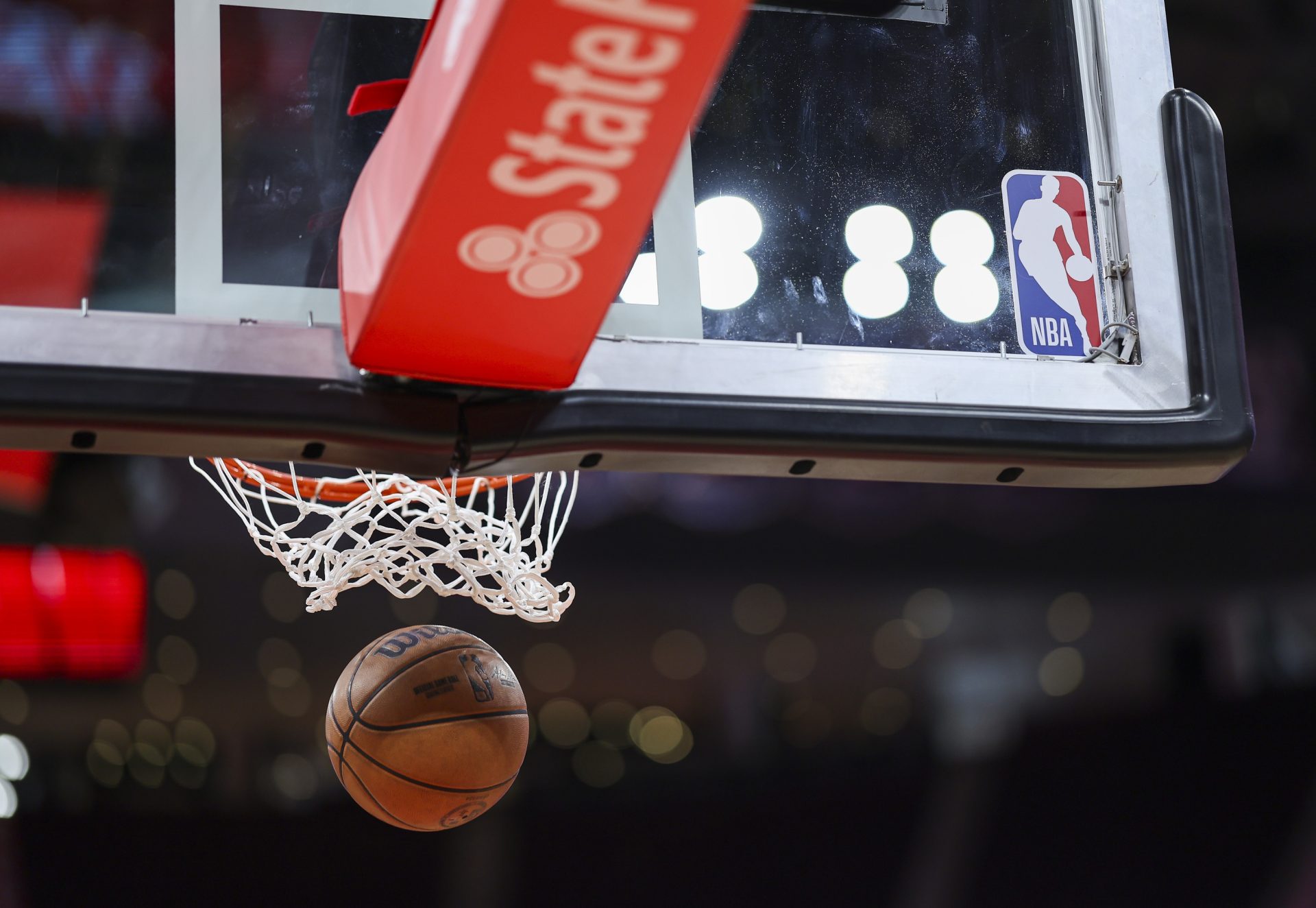 Apr 5, 2024; Houston, Texas, USA; View of the NBA logo on a backboard before the game between the Houston Rockets and the Miami Heat at Toyota Center.
