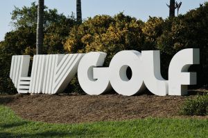Apr 6, 2024; Miami, Florida, USA; The LIV Golf logo is on display along the 10th hole during the second round of LIV Golf Miami golf tournament at Trump National Doral.