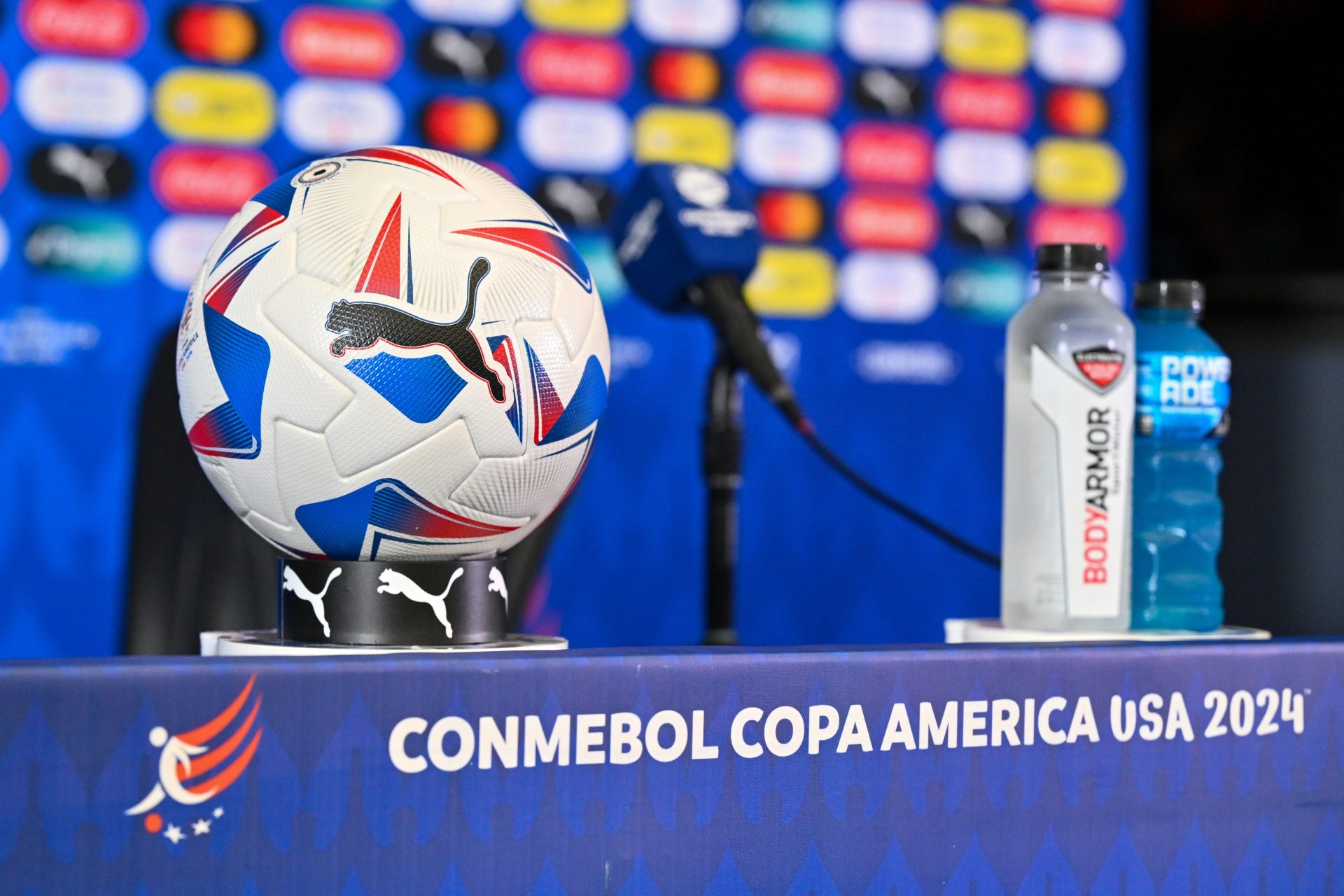 Jul 3, 2024; Houston, TX, USA; A detailed view of a match ball during a press conference for the quarter final match between Argentina and Ecuador of the Conmebol Copa America at NRG Stadium.