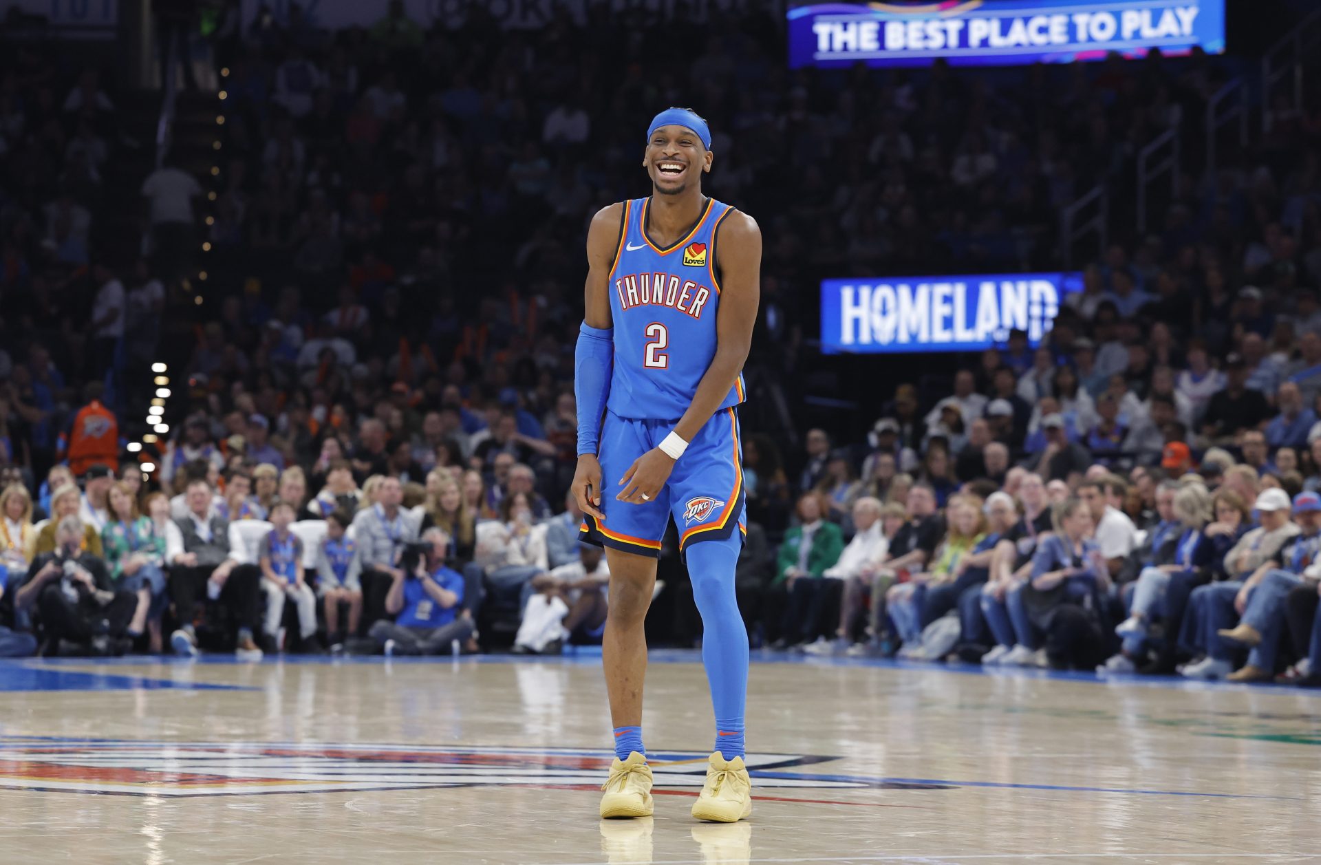 Mar 21, 2025; Oklahoma City, Oklahoma, USA; Oklahoma City Thunder guard Shai Gilgeous-Alexander (2) reacts after a play against the Charlotte Hornets during the second quarter at Paycom Center.