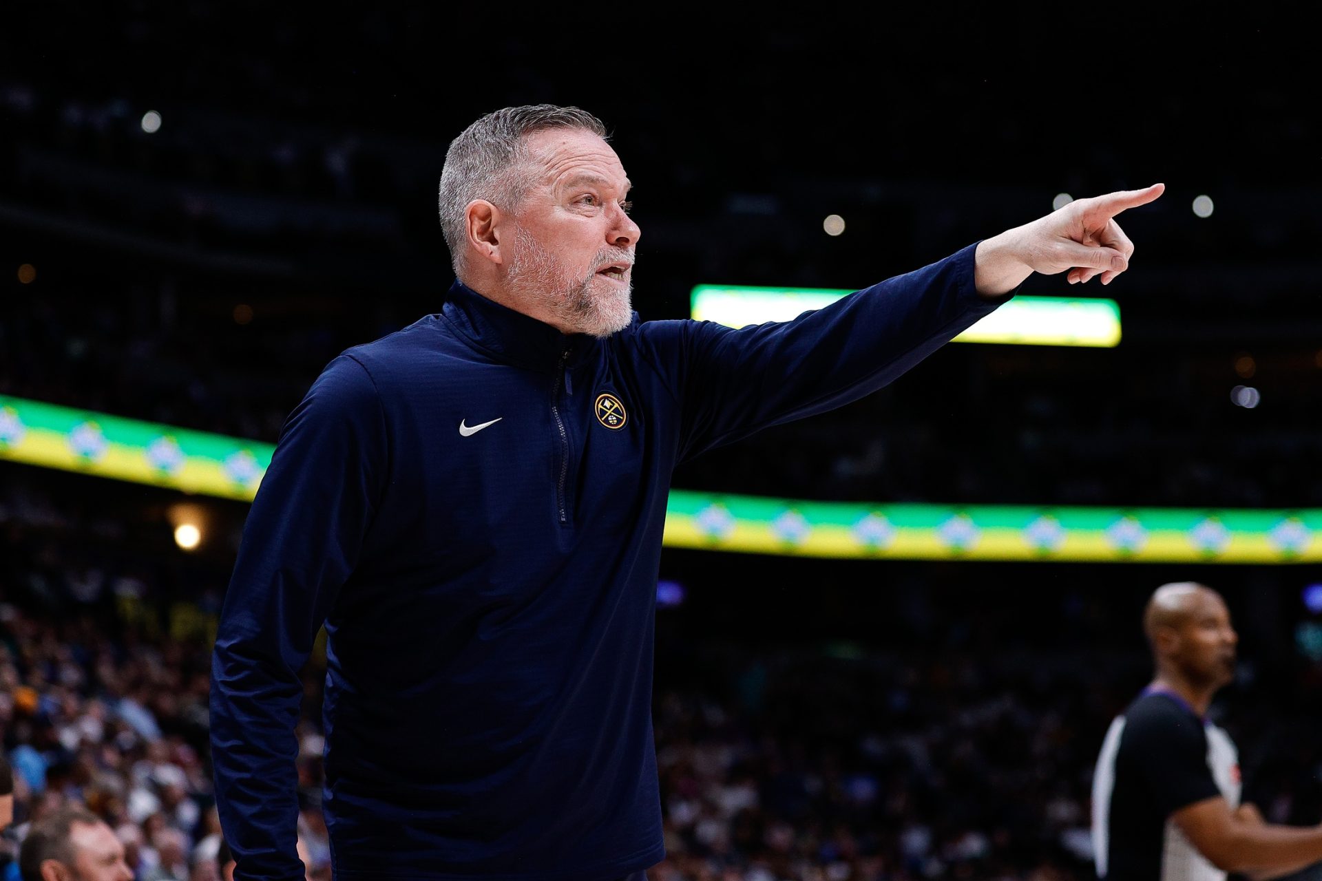 Mar 26, 2025; Denver, Colorado, USA; Denver Nuggets head coach Michael Malone in the second quarter against the Milwaukee Bucks at Ball Arena.