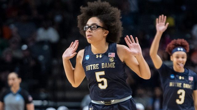 Notre Dame Fighting Irish guard Olivia Miles (5) celebrates a three-pointer as TCU Horned Frogs face off with Notre Dame Fighting Irish during the Sweet 16 at Legacy Arena in Birmingham, Ala., on Saturday, March 29, 2025.
