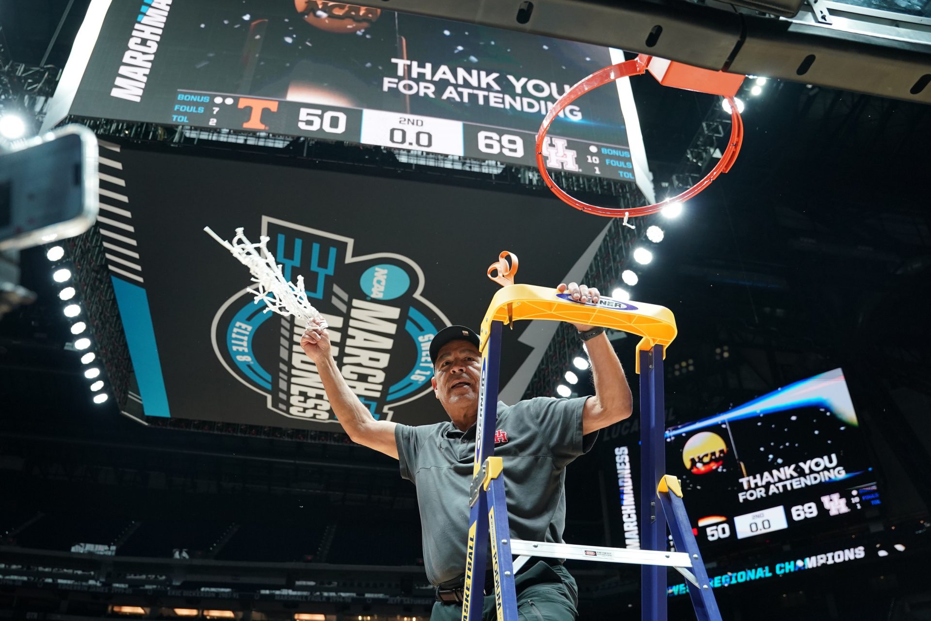 Mar 30, 2025; Indianapolis, IN, USA; Houston Cougars head coach Kelvin Sampson reacts after cutting the net for the Midwest Regional final of the 2025 NCAA tournament at Lucas Oil Stadium.
