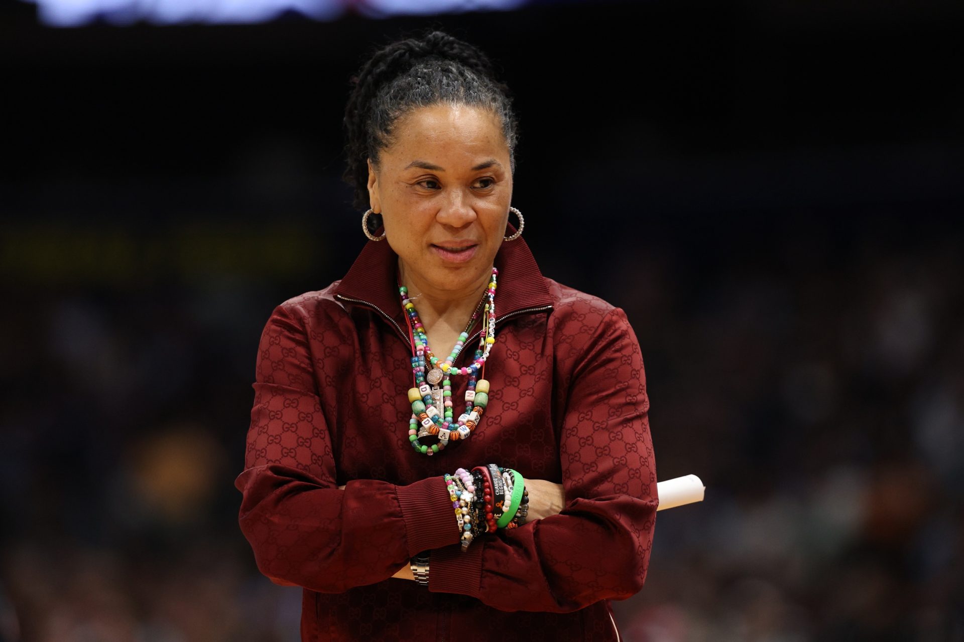 Apr 4, 2025; Tampa, FL, USA; South Carolina Gamecocks head coach Dawn Staley reacts during the first quarter in a semifinal of the women's 2025 NCAA tournament against the Texas Longhorns at Amalie Arena.