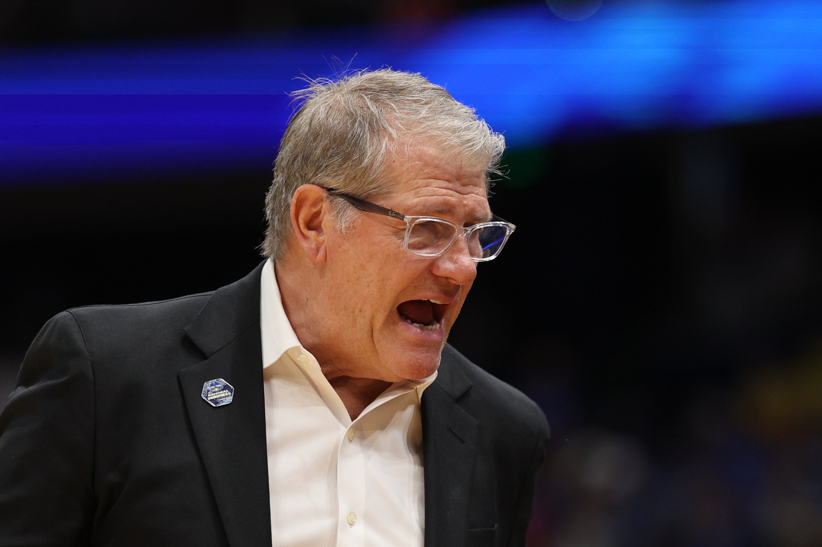 Apr 4, 2025; Tampa, FL, USA; Connecticut Huskies head coach Geno Auriemma reacts during first quarter in a semifinal of the women's 2025 NCAA tournament against the UCLA Bruins at Amalie Arena