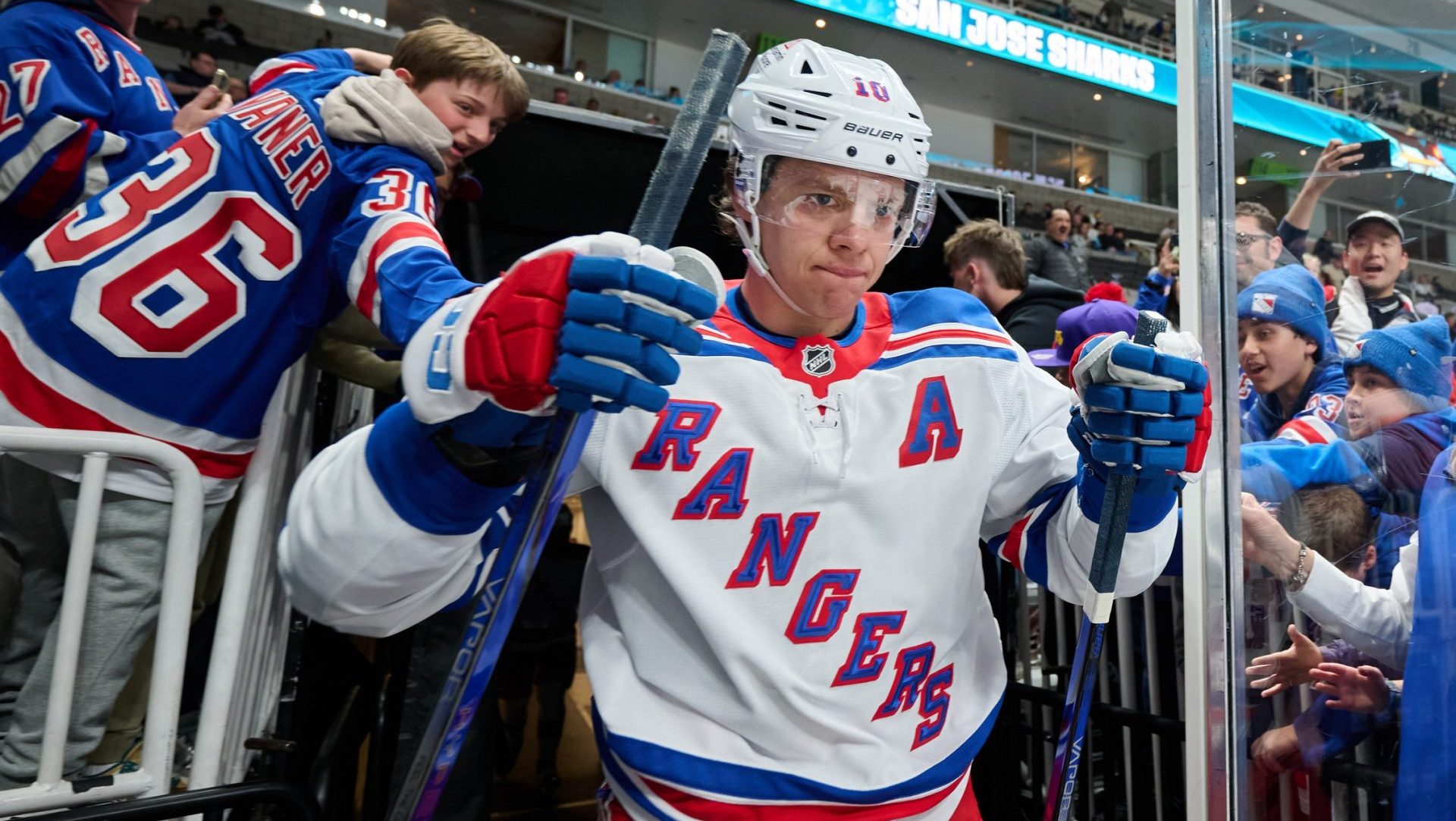 Mar 29, 2025; San Jose, California, USA; New York Rangers left wing Artemi Panarin (10) steps onto the ice for warmups before the game against the San Jose Sharks at SAP Center at San Jose