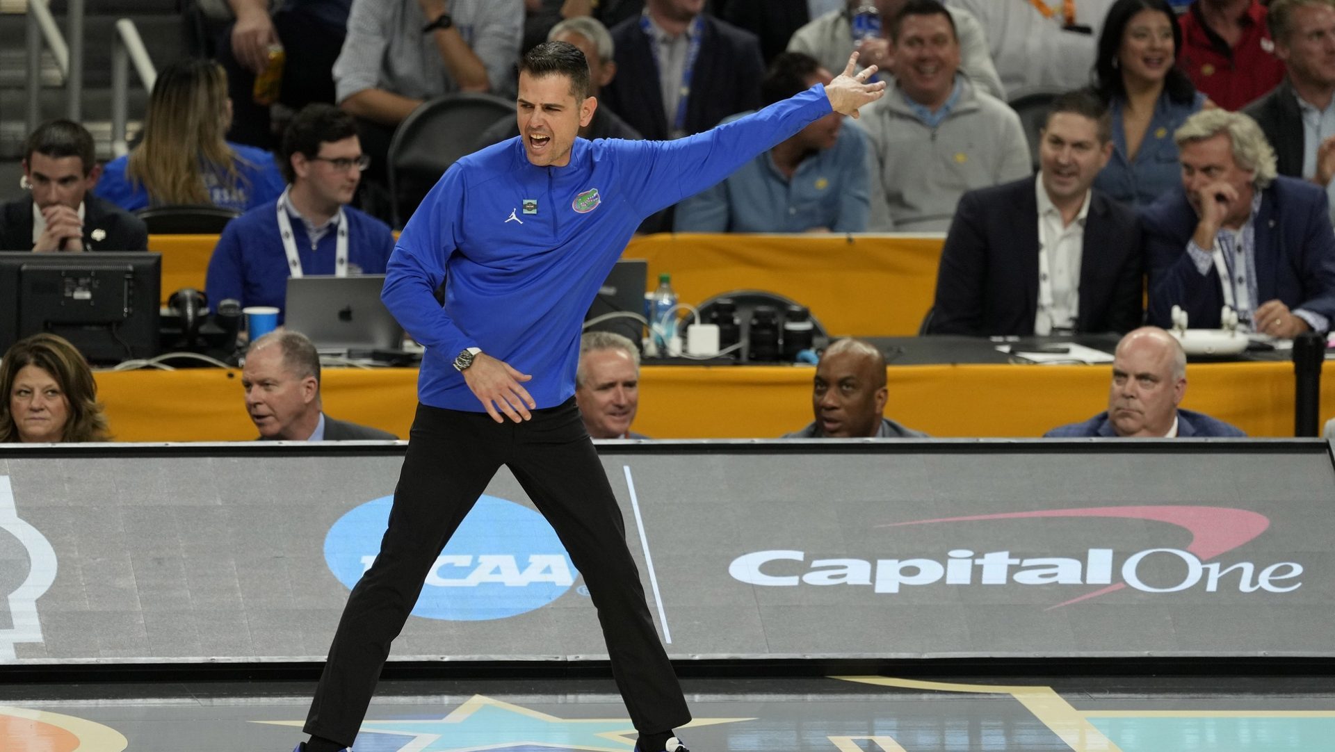 Apr 5, 2025; San Antonio, TX, USA; Florida Gators head coach Todd Golden reacts against the Auburn Tigers during the second half in the semifinals of the men's Final Four of the 2025 NCAA Tournament at Alamodome.