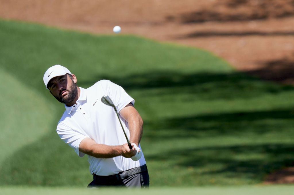 Apr 8, 2025; Augusta, Georgia, USA; Scottie Scheffler hit on no. 7 during a practice round for the Masters Tournament at Augusta National Golf Club.