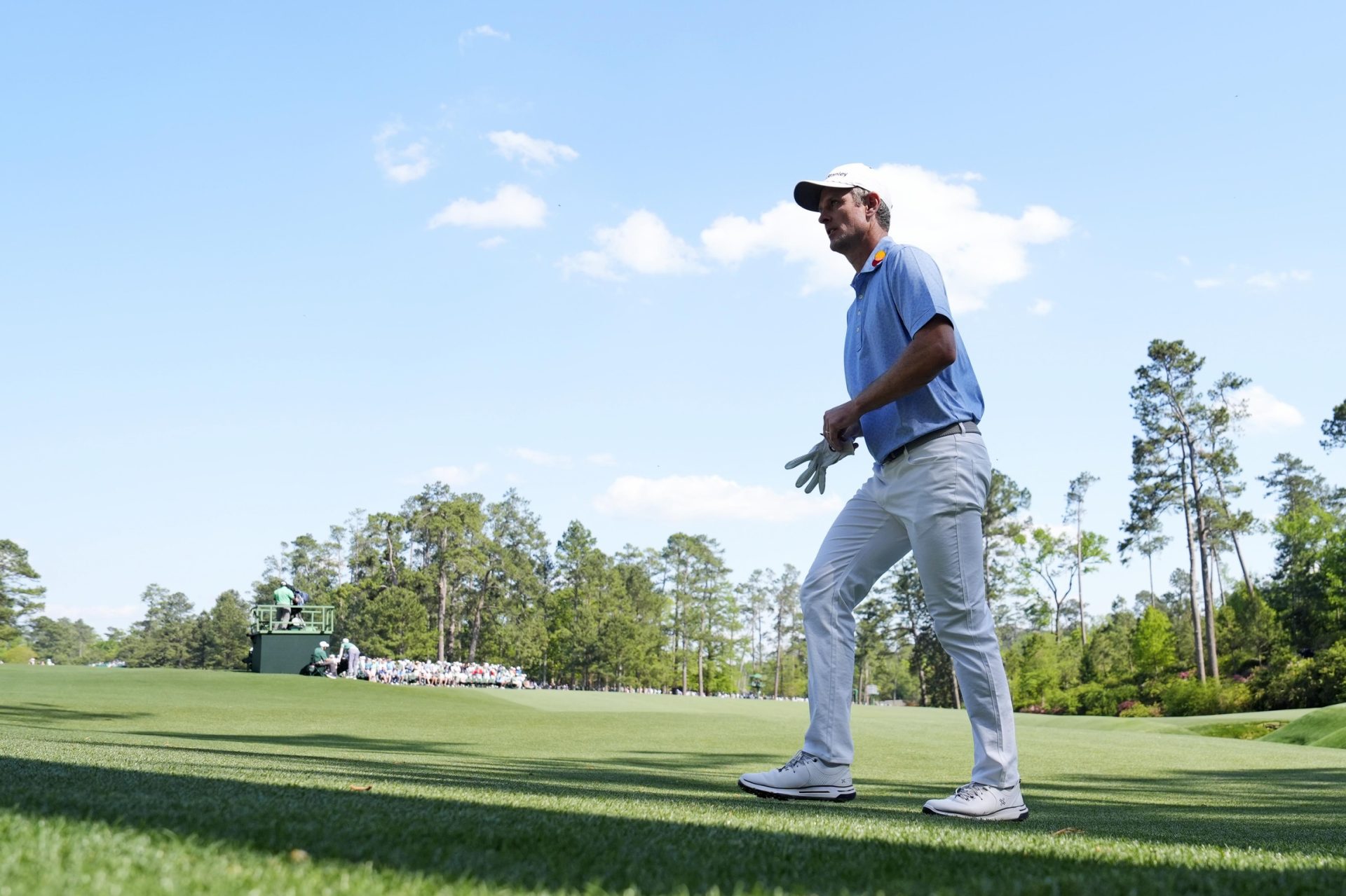 Apr 10, 2025; Augusta, Georgia, USA; Justin Rose walks off of the 13th green during the first round of the Masters Tournament.