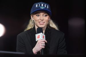 Apr 14, 2025; New York, New York, USA; Paige Bueckers is interviewed by ESPN after being selected with the number one overall pick to the Dallas Wings in the 2025 WNBA Draft at The Shed at Hudson Yards