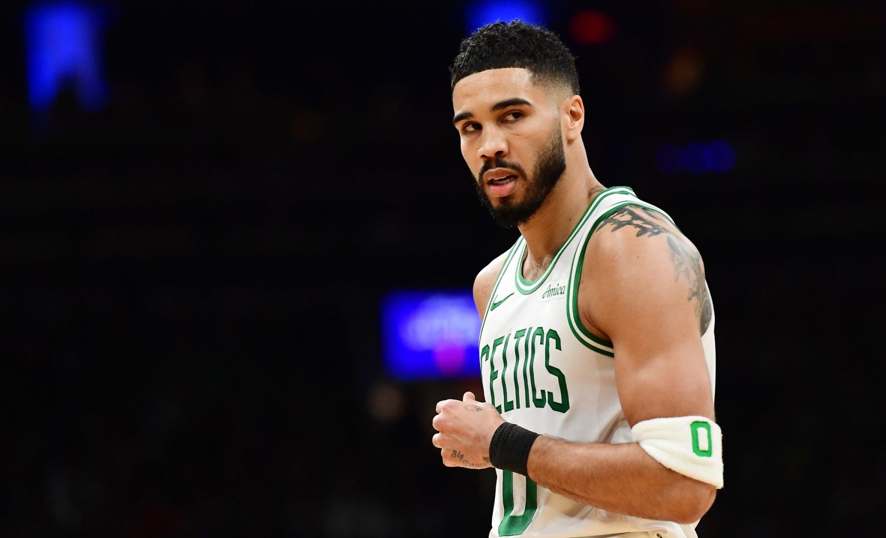 Apr 20, 2025; Boston, Massachusetts, USA; Boston Celtics forward Jayson Tatum (0) during the first half against the Orlando Magic at TD Garden.