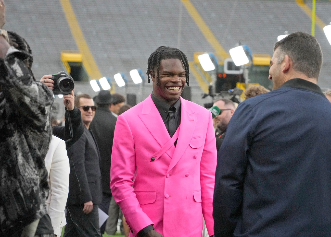 NFL draft prospect, Colorado Buffaloes wide receiver Travis Hunter, arrives during the NFL Draft Red Carpet event at Lambeau Field in Green Bay on Thursday, April 24, 2025.
