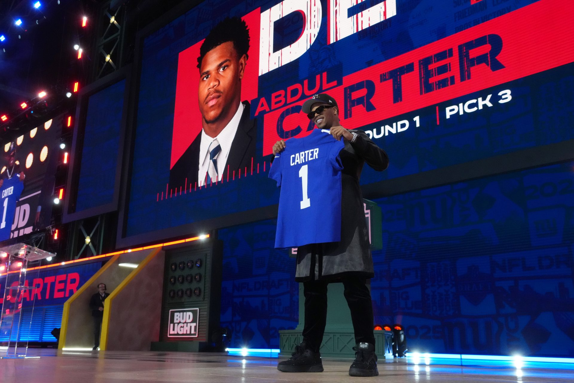 Apr 24, 2025; Green Bay, WI, USA; Penn State Nittany Lions defensive end Abdul Carter is selected by the New York Giants as the number three pick in the first round of the 2025 NFL Draft at Lambeau Field.