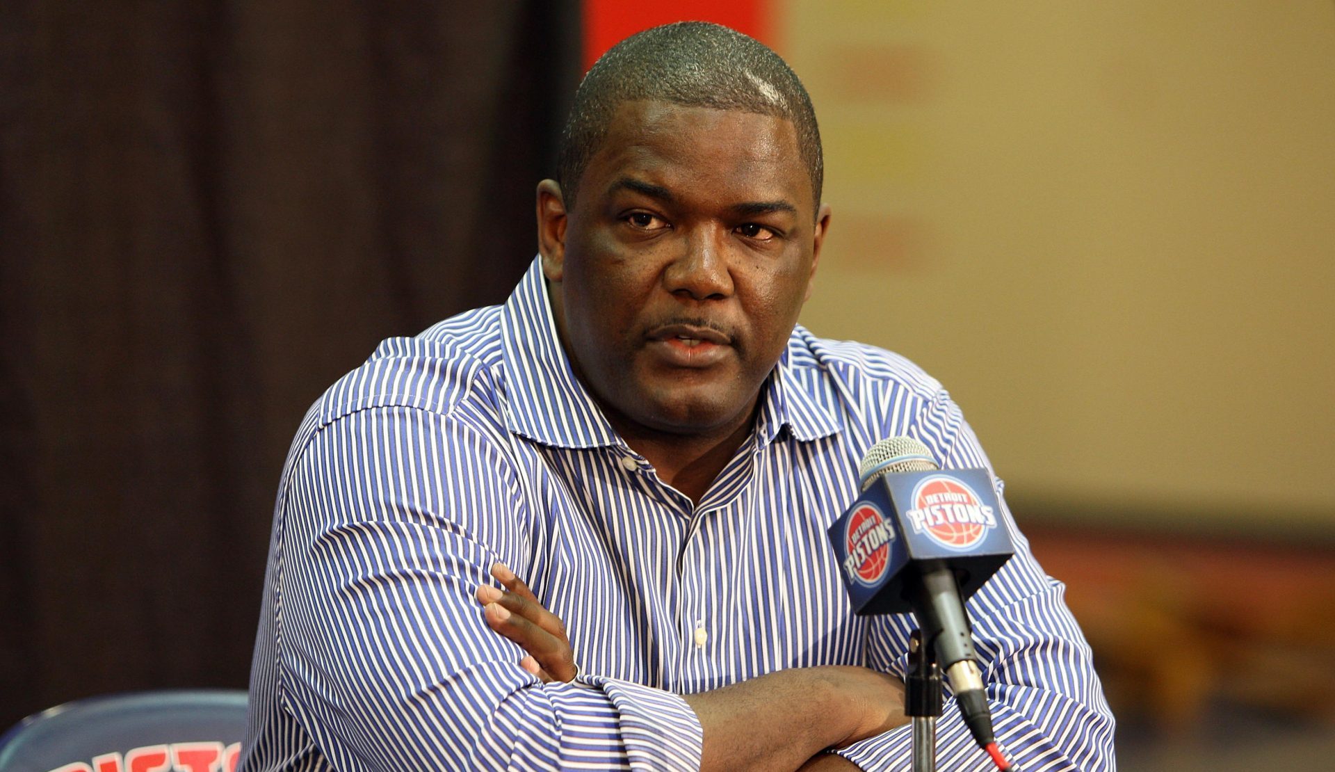 July 9, 2009; Auburn Hills, MI, USA; Detroit Pistons president Joe Dumars during the press conference to introduce their new head coach John Kuester at their practice facility.