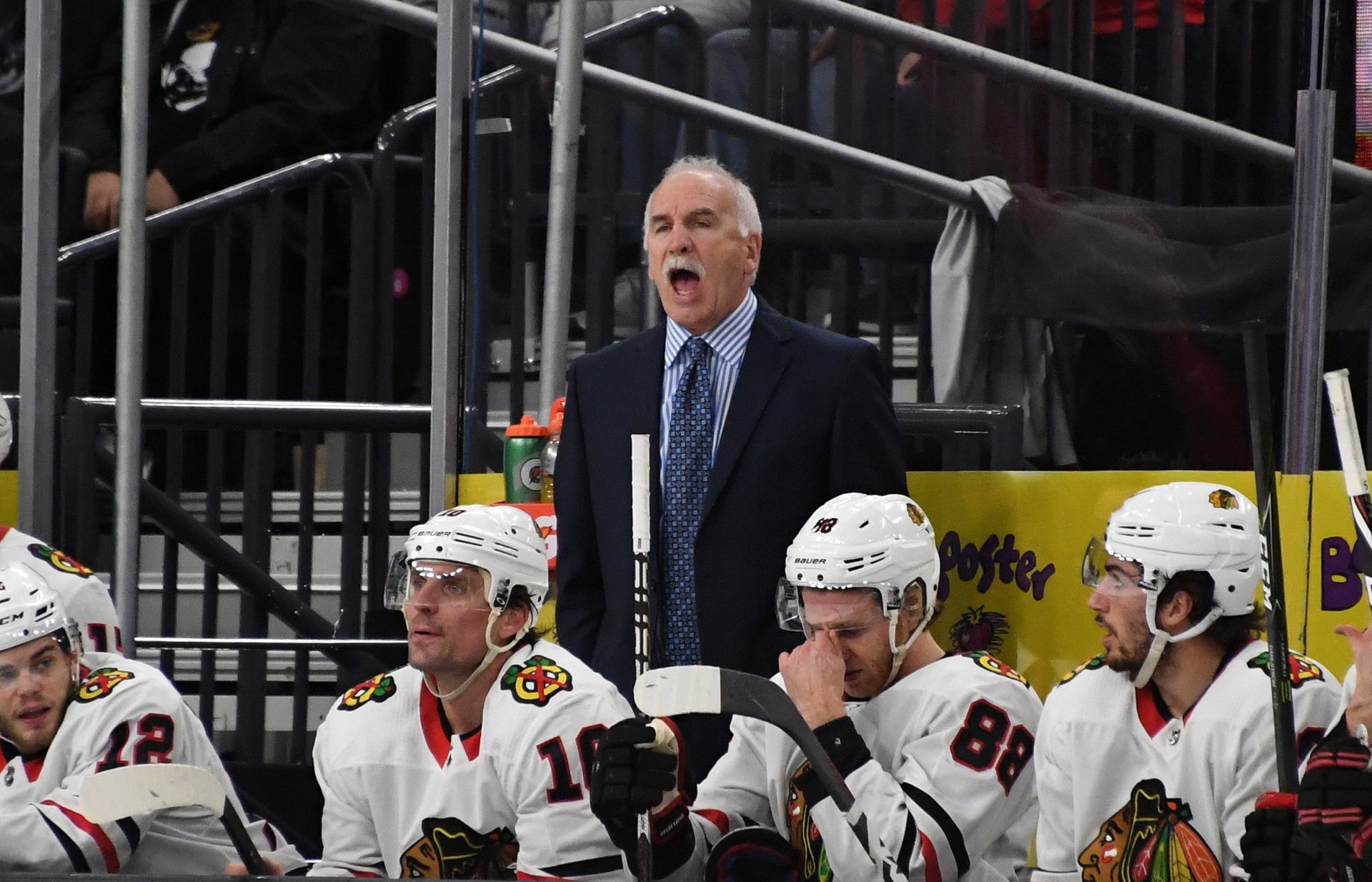 Feb 13, 2018; Las Vegas, NV, USA; Chicago Blackhawks coach Joel Quenneville reacts in the second period of an NHL hockey game against the Vegas Golden Knights at T-Mobile Arena.