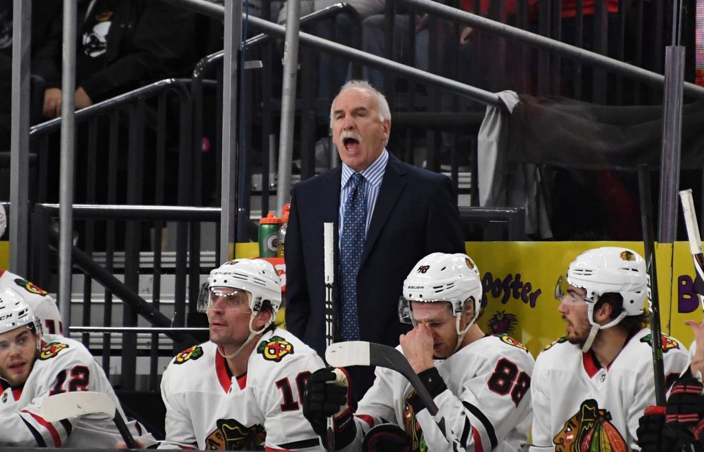 Feb 13, 2018; Las Vegas, NV, USA; Chicago Blackhawks coach Joel Quenneville reacts in the second period of an NHL hockey game against the Vegas Golden Knights at T-Mobile Arena.