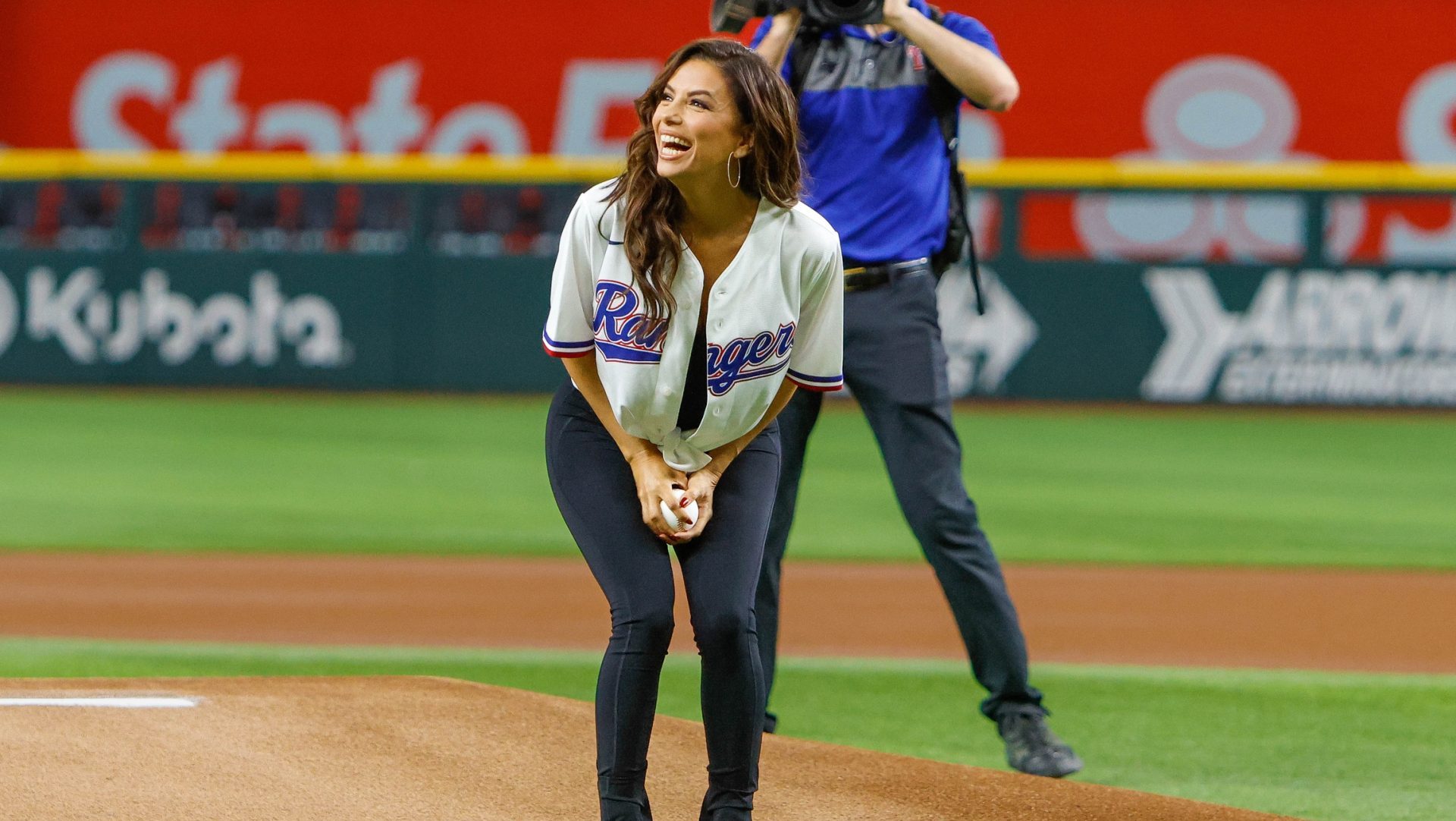 Jun 7, 2023; Arlington, Texas, USA; Eva Longoria throws the first pitch prior to the game between the Texas Rangers and St. Louis Cardinals at Globe Life Field.