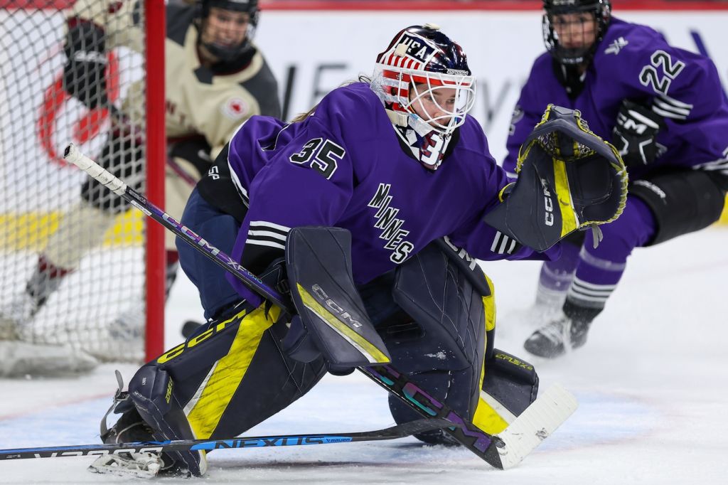 Jan 6, 2024; St. Paul, Minnesota, USA; Minnesota goalie Maddie Rooney (35) defends her net against Montreal during the second period in a PWHL ice hockey game at XCel Energy Center.