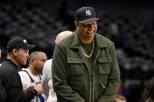 Mar 3, 2024; Dallas, Texas, USA; Dallas Mavericks former player Charlie Villanueva laughs during warm ups before the game between the Dallas Mavericks and the Philadelphia 76ers at the American Airlines Center.