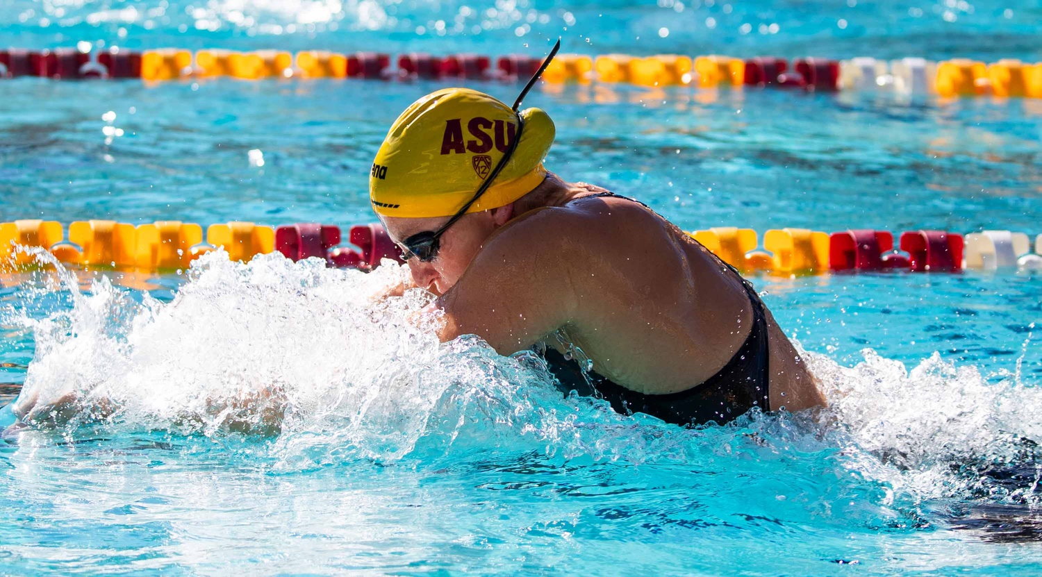 Jan 6, 2024; Tempe, Arizona, United States; Arizona State Sun Devil Emma Gehlert competes in the 200 yard medley relay against Grand Canyon University at Mona Plummer Aquatic Complex in Tempe on Jan. 6, 2024.