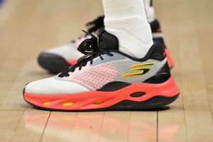 Mar 24, 2024; Los Angeles, California, USA; Detailed view of the basketball sneakers worn by Los Angeles Clippers guard Terance Mann (14) against the Philadelphia 76ers at Crypto.com Arena.